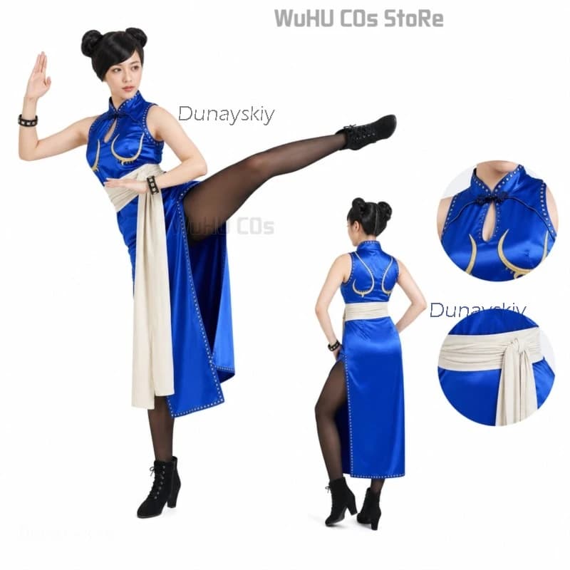 Costume Cosplay Sexy da Adulto Chun Li - Set Qipao Blu + Parrucca, Uniforme da Combattente per Film Live Action, Halloween, Kung Fu, Completo da Donna