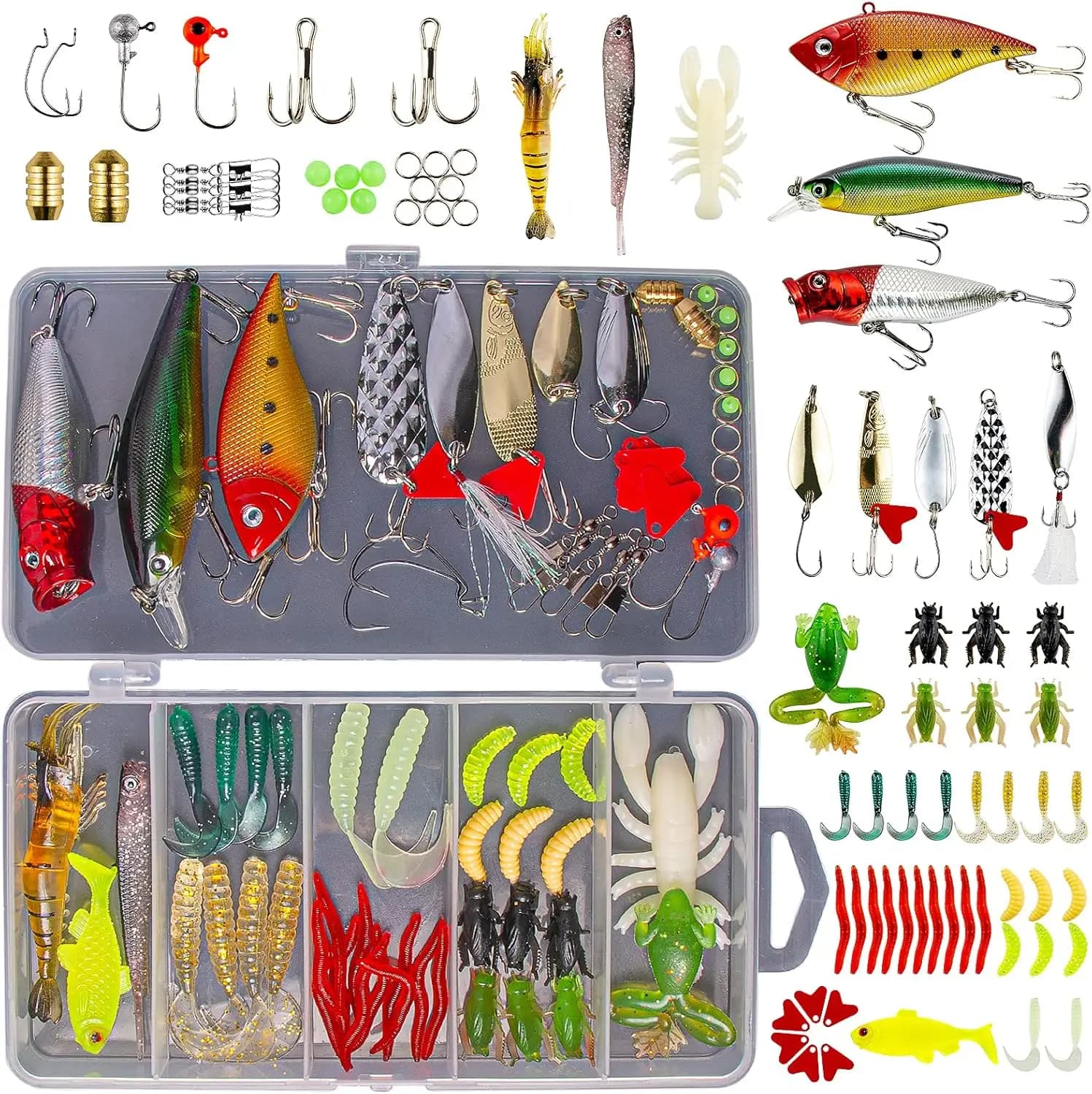 Kit di Esche da Pesca per Acqua Dolce, Bass, Trota, Salmone - Set di 67 Pezzi con Scatola, Cucchiai, Verme e Jig