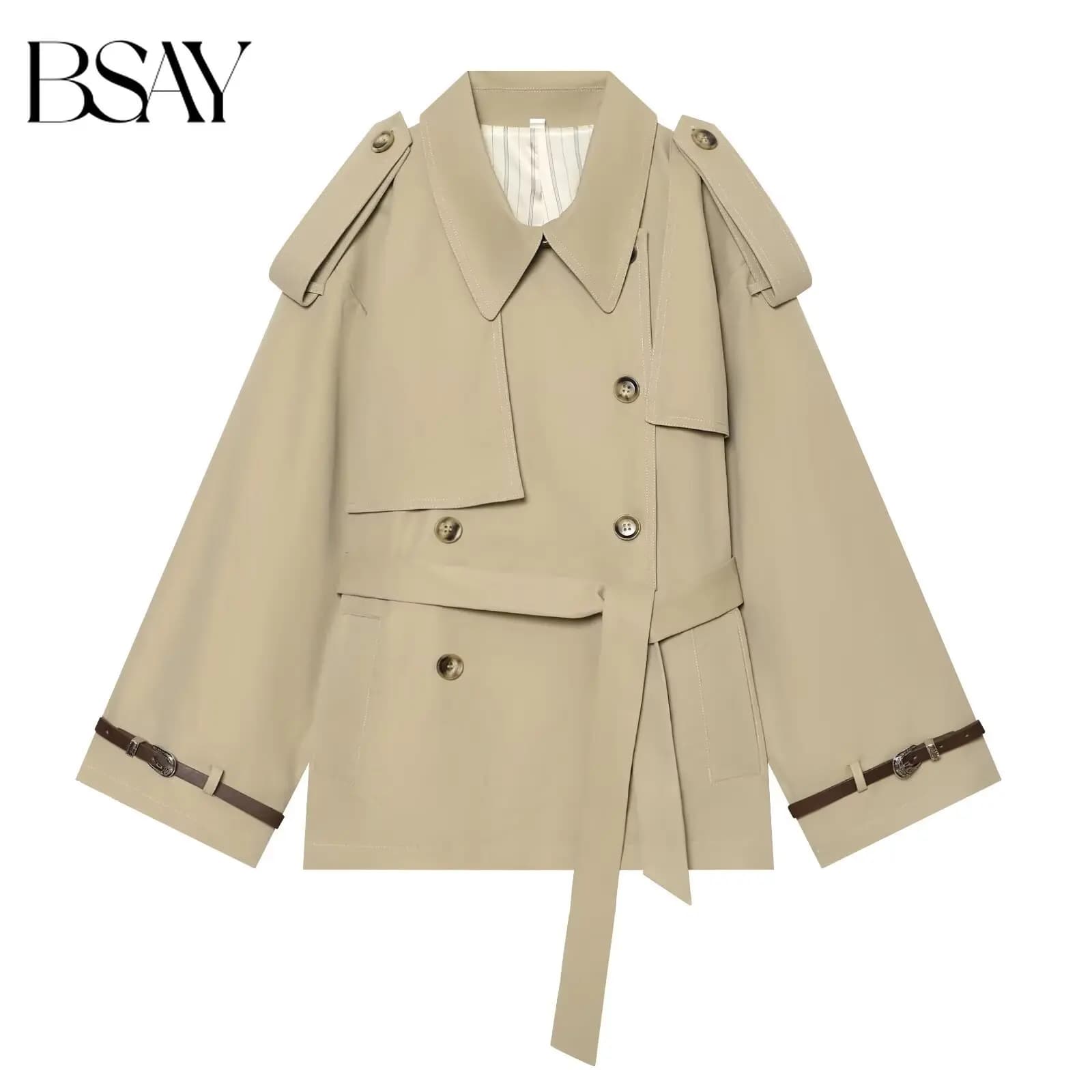 BSAY 2026 New Fashion Arrival Khaki Women Elegant Double Breasted Belted Waist Epaulet Short Trench Coat Windbreaker Outerwear