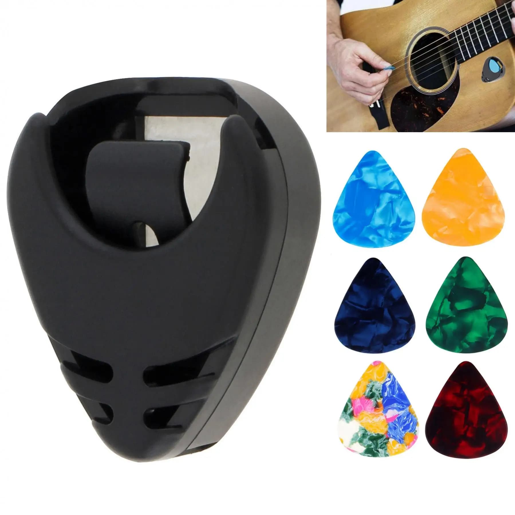 Porta plettri per chitarra in plastica 6 plettri per chitarra acustica Ukulele con retro adesivo, set di plettri in celluloide da 0,46 mm, 0,71 mm, 0,96 mm