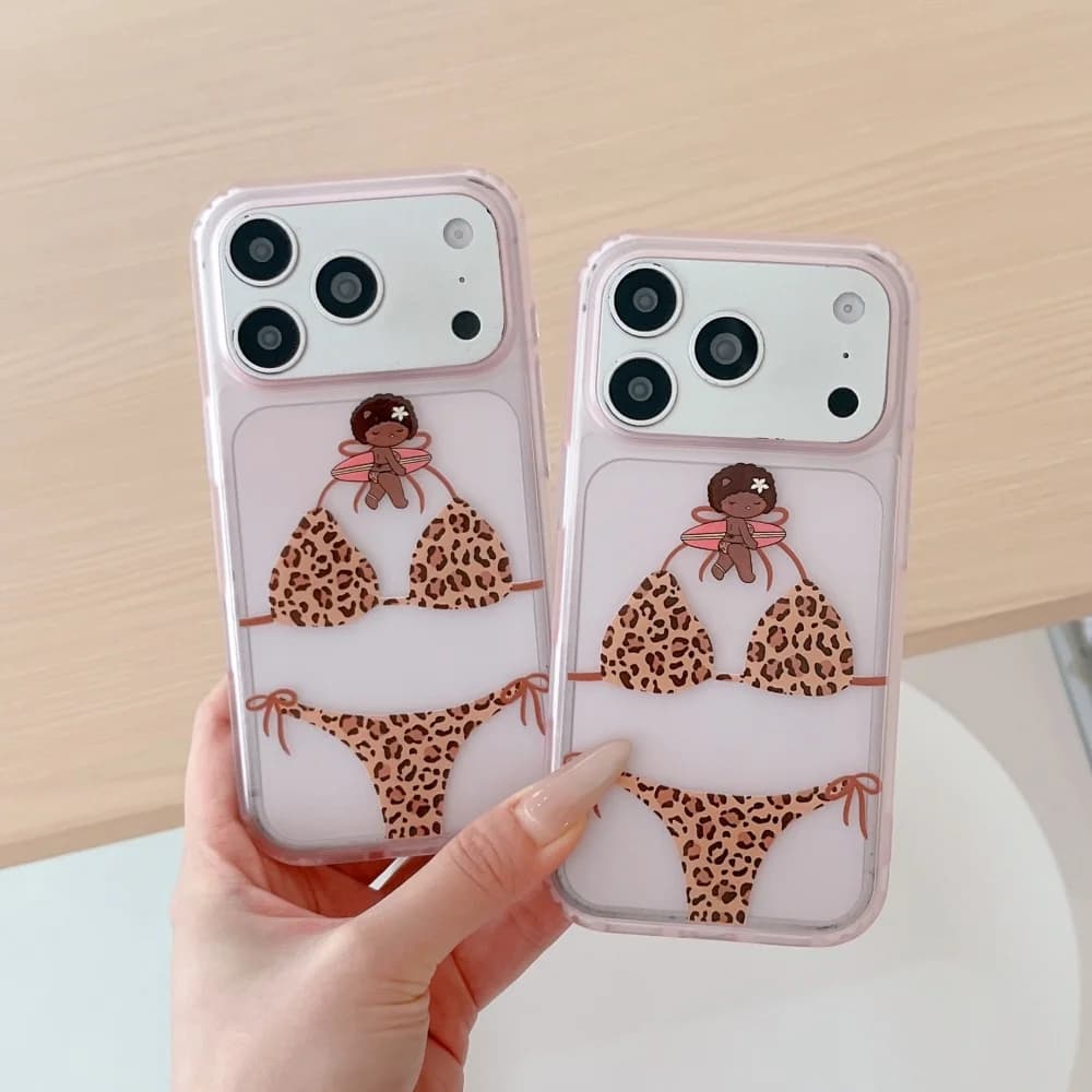 Cute Cartoon Leopard Print Bikini Phone Case For iPhone 17 16 15 ProMax Transparent Pink Border Soft Shockproof Protective Cover