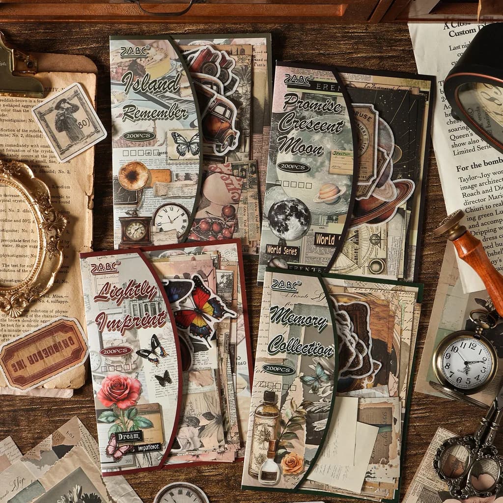 200pcs Scrapbooking Supplies Vintage Washi Paper Stickers Scrapbook Paper Junk Journal Collage Kit Art Supplies