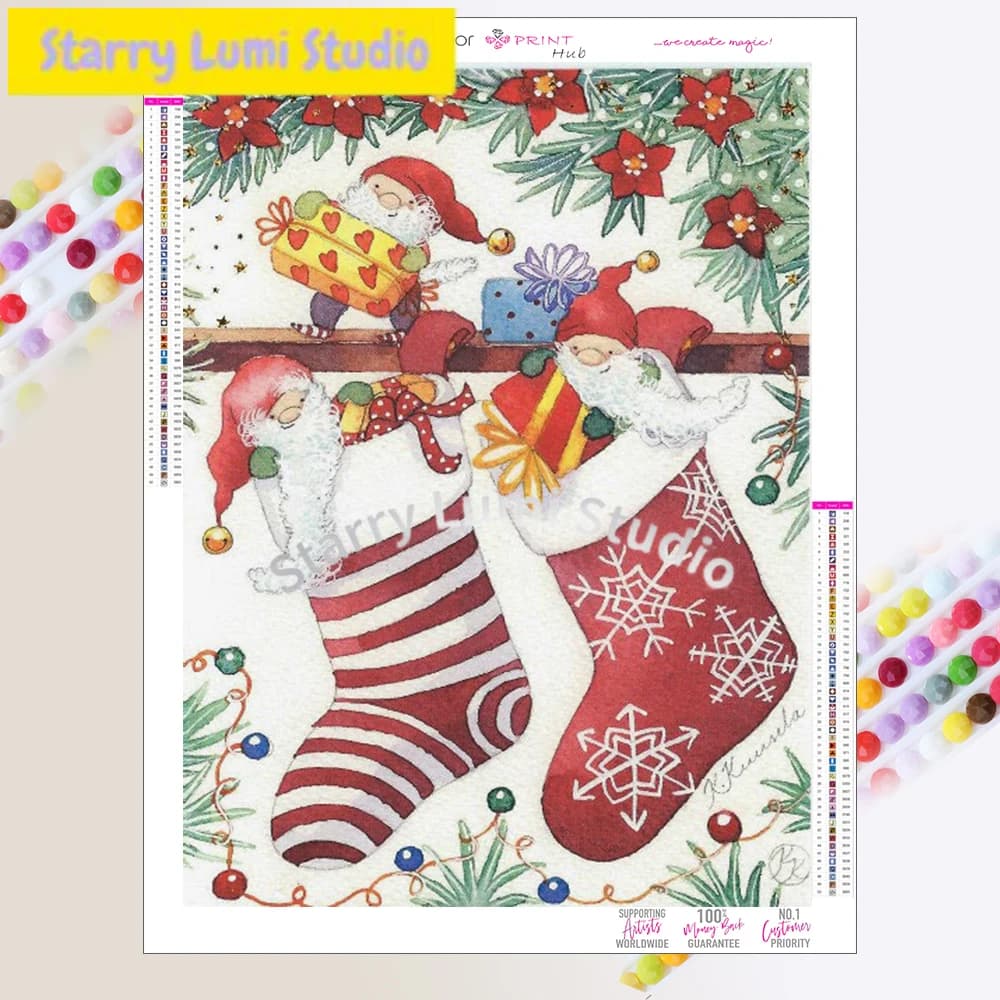 Dipinto Diamantato Natalizio con Babbo Natale e Gnomi, Mosaico Completo, Ricamo a Punto Croce, Arte da Parete Decorativa