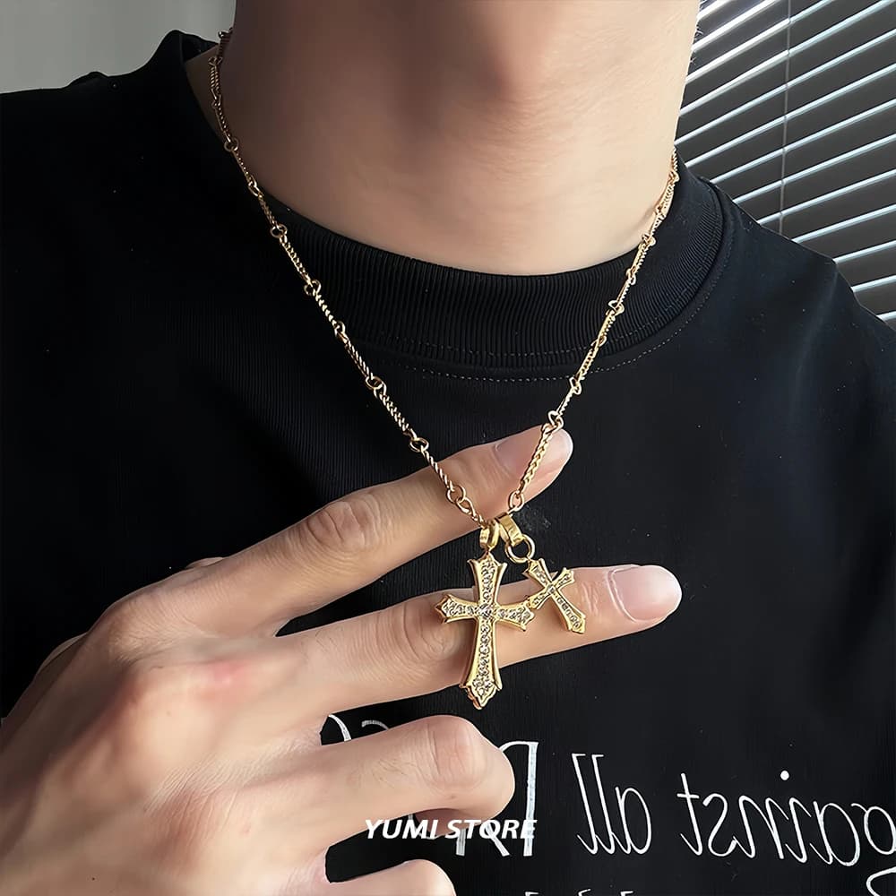 Hip Hop Double Zircon Cross Pendant Necklace For Man Woman Luxury Non Fading Titanium Clavicle Chain Couple Jewelry Lover's Gift