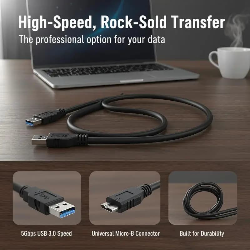 USB 3.0 A to Micro B Cable 5Gbps Fast Data Sync Transfer Cord for External HDD SSD Travel Office Daily Data Backup