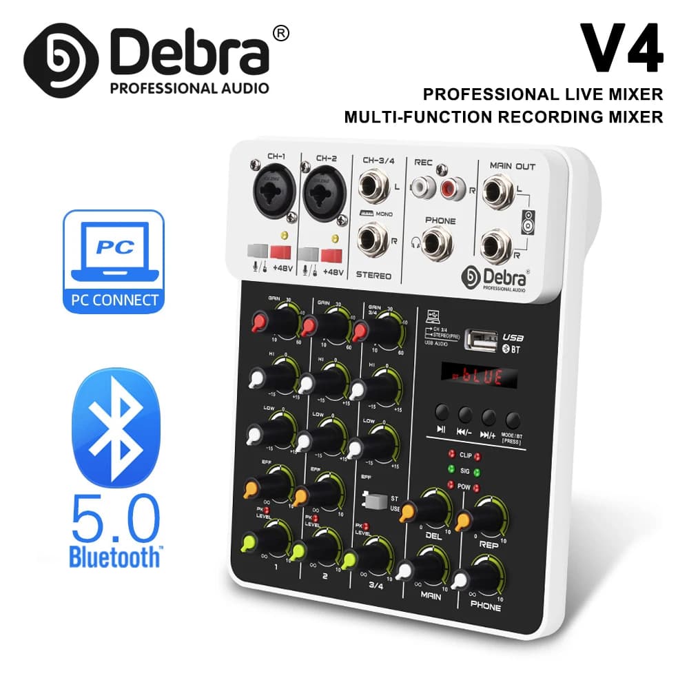 IKGE Nuovo mixer audio V4 a 4 canali con Bluetooth USB 48V alimentazione fantasma effetti di riproduzione ritardati per console di miscelazione Registrazione PC