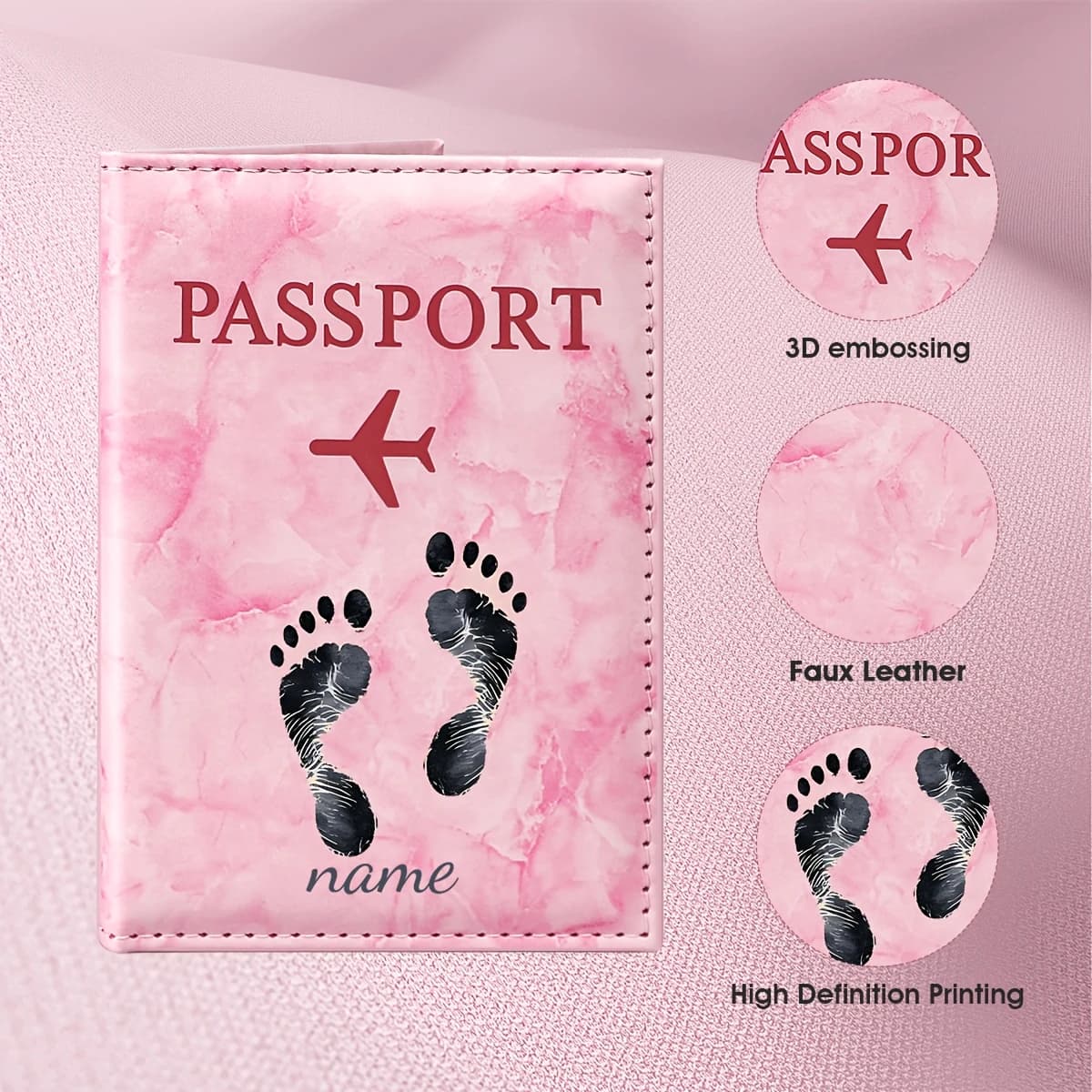 Custom Name Minimalist Footprint Design PU Passport Holder, Black and Golden Ink Style Printing with Name Text, PU Material