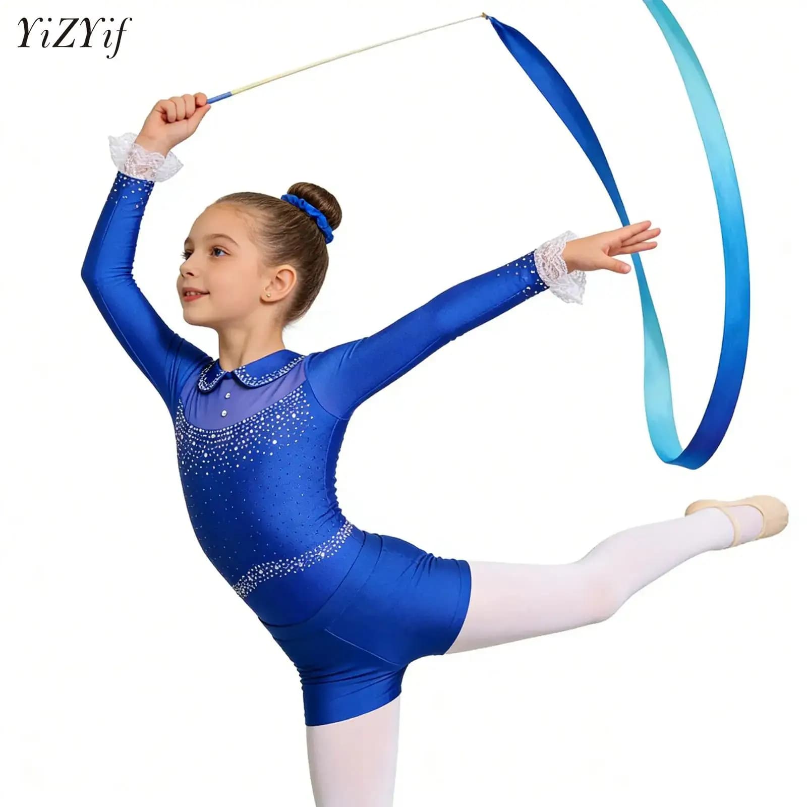 Abbigliamento da Danza per Bambine, Body a Maniche Lunghe con Strass Luccicanti, Set con Pantaloncini e Fascia per Capelli per Ginnastica e Pattinaggio sul Ghiaccio