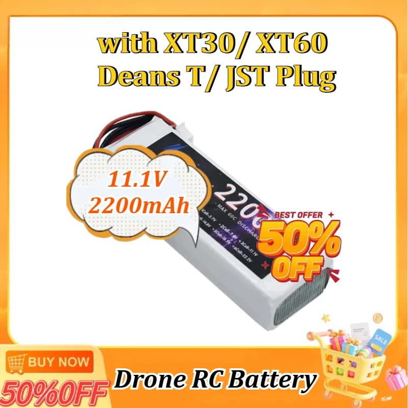 Batteria LiPo 3S 45C 11.1V 2200mAh per Auto RC, Droni FPV, Barche, Elicotteri, Veicoli con Connettore XT30/ XT60/ Deans T/ JST