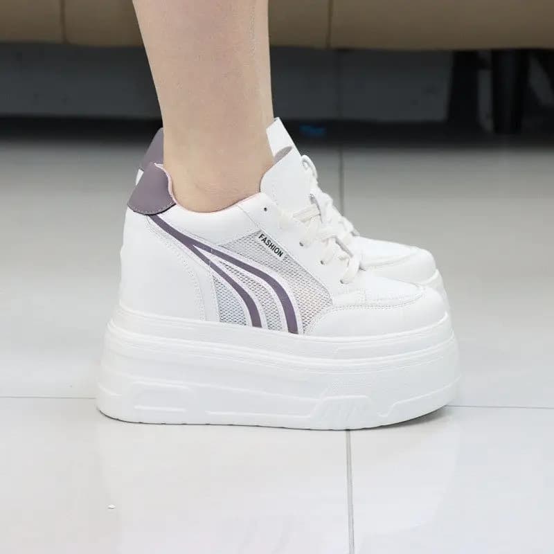 New White Hidden Heel Shoes for Women12CM Thick Sole Mesh Hollow Sandals Breathable Chunky Platform Sneakers Casual Skate Shoes