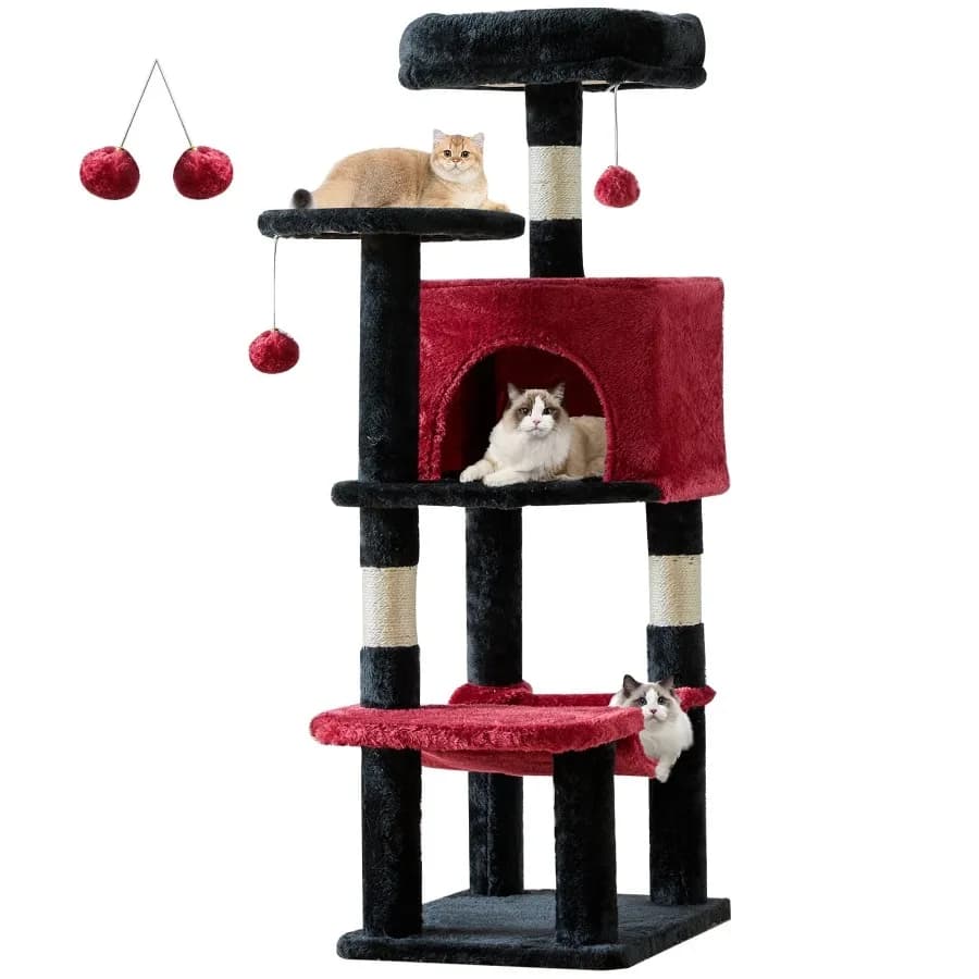 44in Multi Level Cat Tree Tower Cat Scratching Posts with Large Top Perch and Hammock Black Red