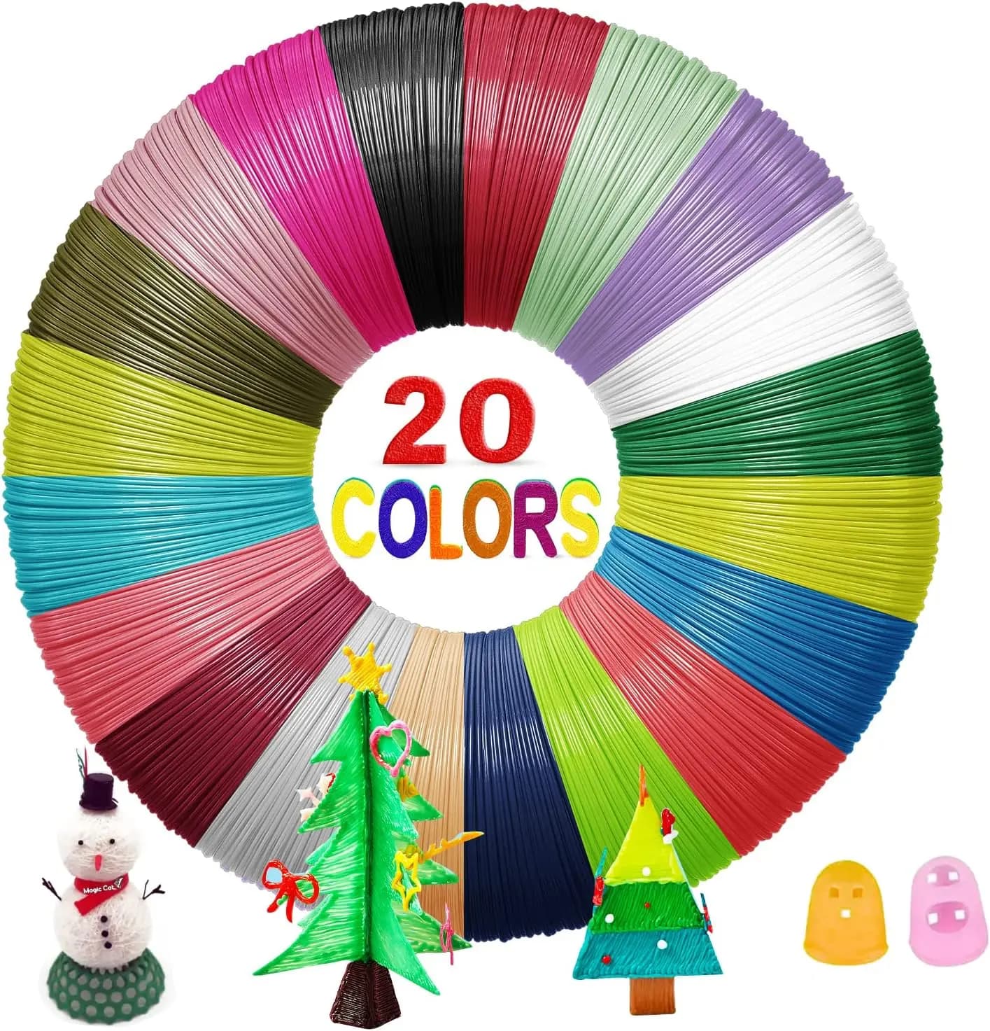 Filamento PLA da 1,75 mm per Penna 3D, 20 Colori, Ogni Colore 5 Metri, Totale 328 Piedi, Compatibile con Penne 3D ad Alta Temperatura, con 2 Protezioni per le Dita