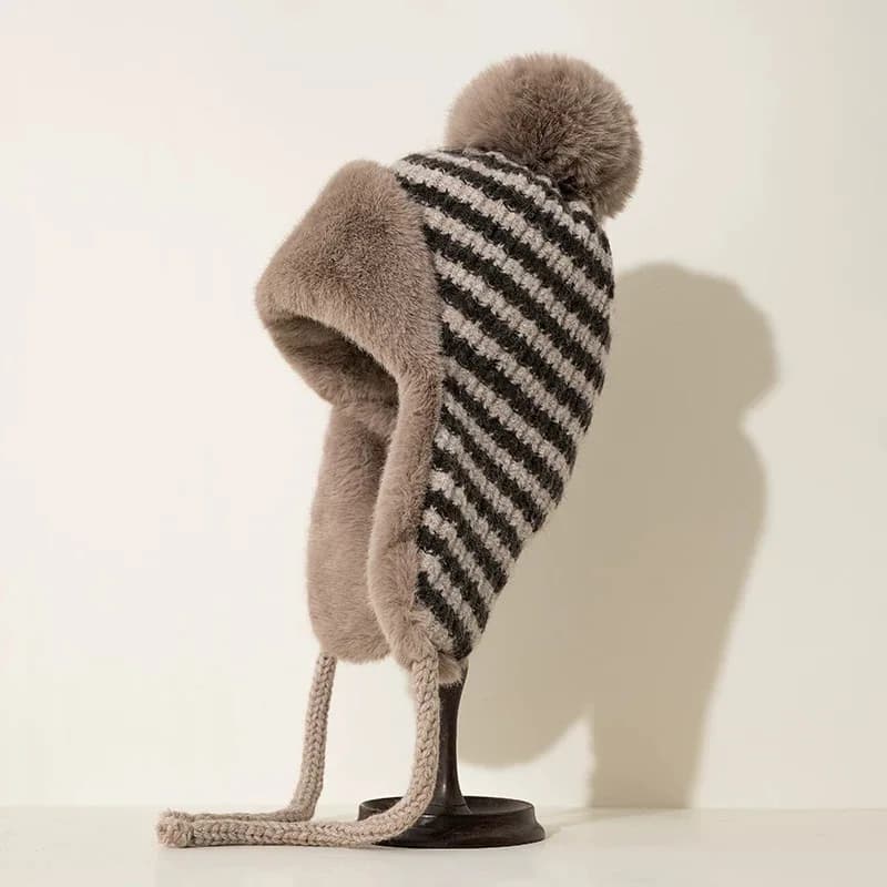 Trapper Hat for Women Winter Warm Knitted Fleece Lined Striped Ushanka Hat with Plush Ball Decor