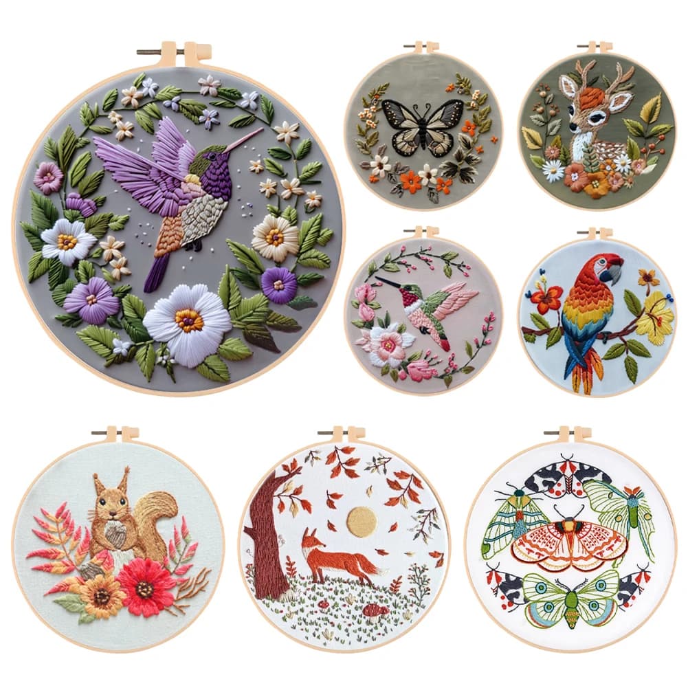 Handmade embroidery kit with cute animals with cotton thread pattern needles circle stitched handmade kit for mother grandmother