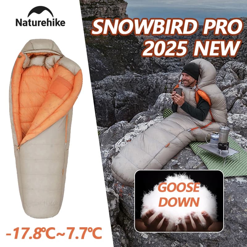 Naturehike 2025 Nuovo Snowbird Pro Sacco a pelo in piuma d'oca da campeggio Inverno caldo antivento Sacco a pelo in piuma Mummia Sacchi a pelo