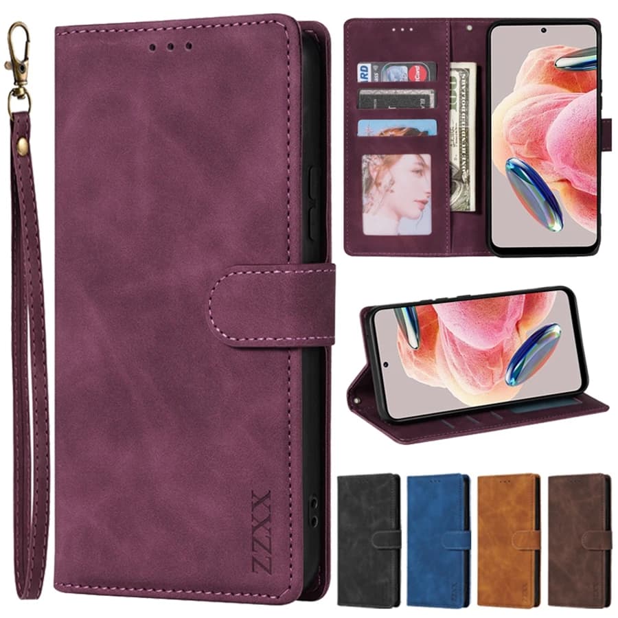 Portafoglio Custodia in pelle con vibrazione magnetica con supporto per carta delicata sulla pelle per Xiaomi Redmi 14C 13 13C 12C 10 10C 9 9A 9C NFC 9T 8 7A A1 A2 Plus