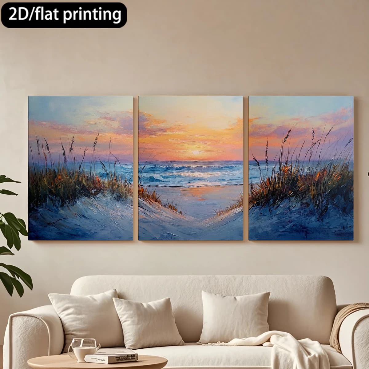 Decorative painting on canvas with wooden frame, 3 pieces. Painted of a sunset on the beach, serene sea landscape. Tende per camera da letto ikea.