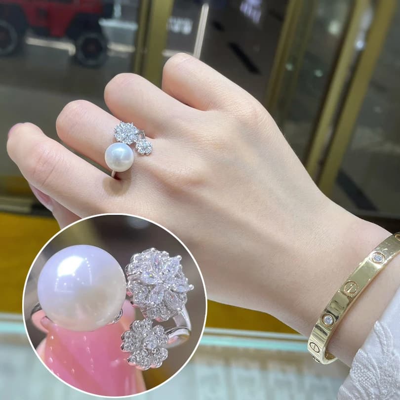 MeiBaPJ 9-10mm Natural Nearround Pearl Fashion Flower Zircons Ring Real 925 Sterling Silver Fine Wedding Jewelry for Women