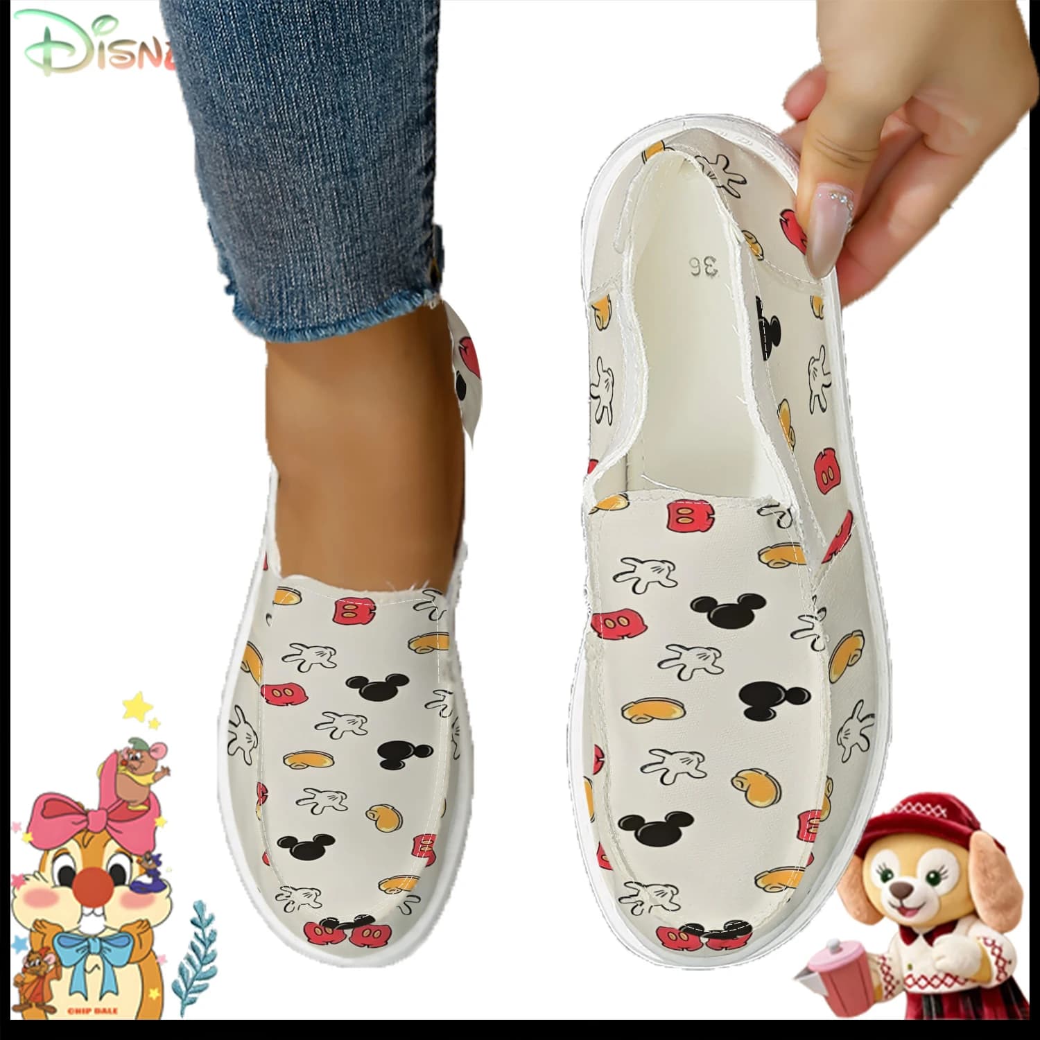 Simpatiche scarpe di tela da donna con stampa di elementi Mickey, comode sneakers slip-on per tutte le stagioni