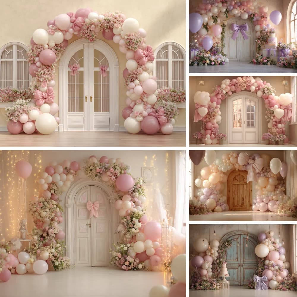 Flower Curtain Arch Door Frame Photography Backdrop Floral Drapes Wedding Birthday Photozone Background Pink White Walls
