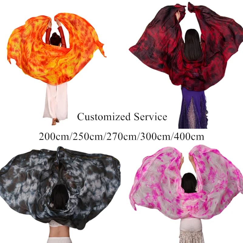 Customized Bellydance Silk Veil Hand Throw Scarf Shawel Tie Dye Floral Dancer Practice Stage Show Props Flowy Light Weight 400cm
