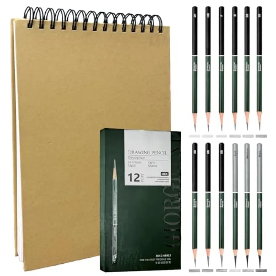 Sketchbook and Pencil Set - Spiral Bound Hardcover with 60 Sheets and 12 Charcoal Pencils Hard/Medium/Soft for Professional Art