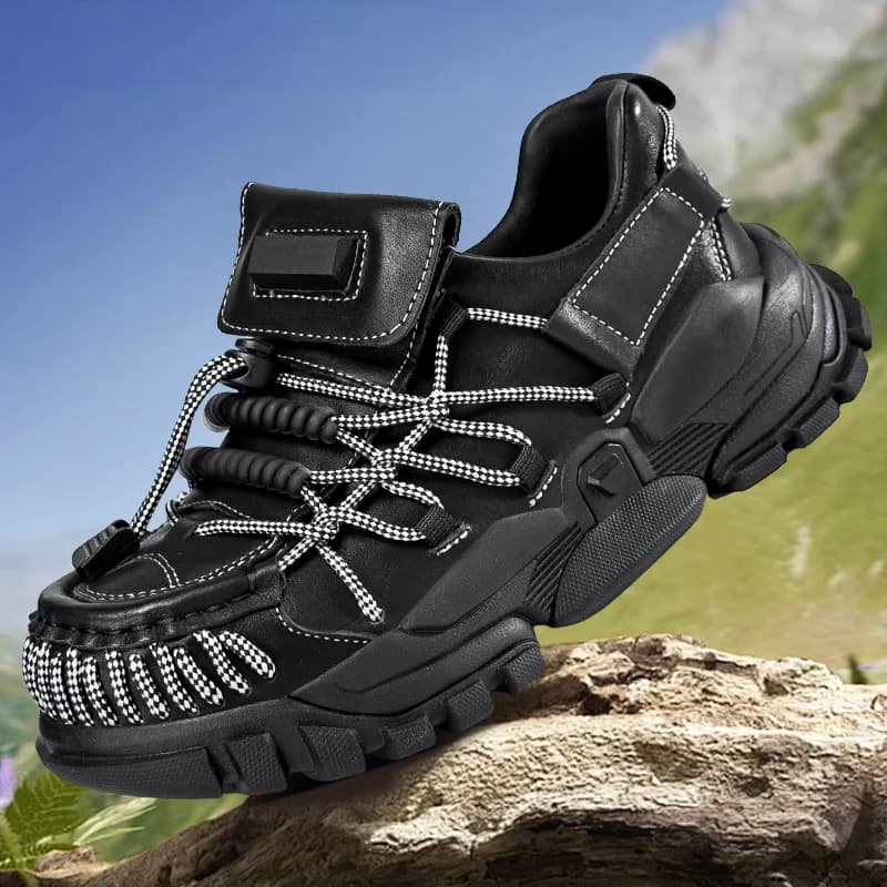 Scarpe da trekking in vera pelle con punta tonda nera Scarpe da ginnastica sportive con plateau Nuovi mocassini con fondo spesso punk con lacci traspiranti