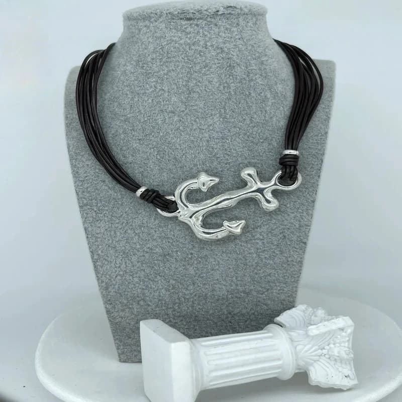 Neutro, versatile, stile cool, ancoraggio per barca in argento, collana in corda di cuoio, accessori per coppie, regalo di San Valentino