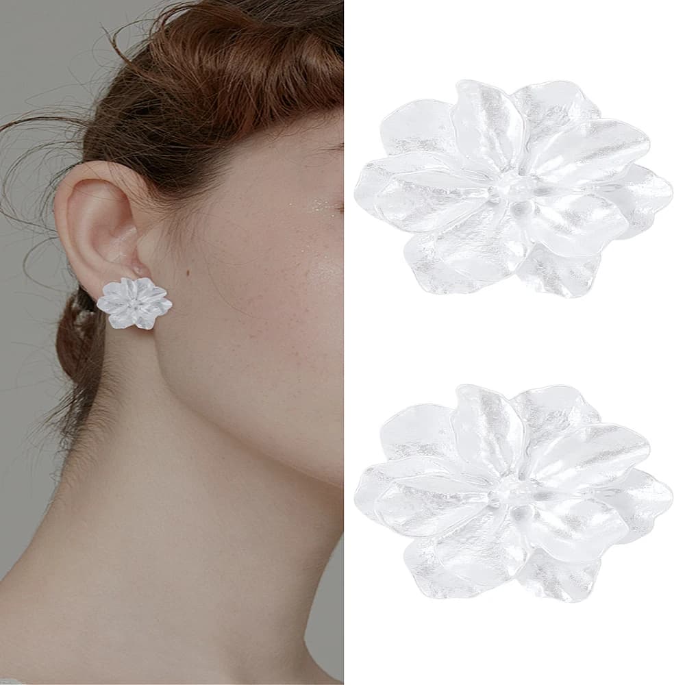 1Pair Flower Resin Stud Earrings with 925 Sterling Silver Pins Snow 24.5x24mm