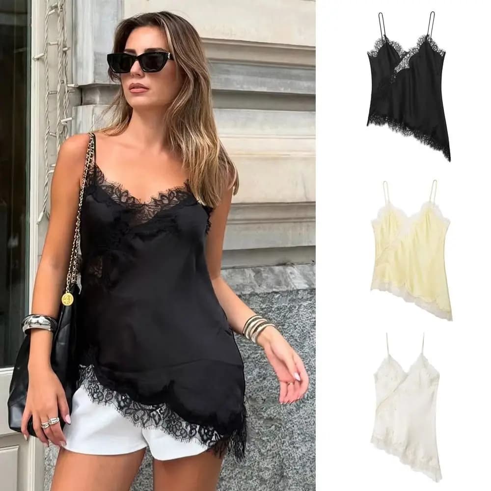HXAO Women's Asymmetrical Canotta Summer 2025 Y2K Black Lace Canotte and Canodier with Uncovered Shoulders Elegant Sleeveless Canotta without Backrest