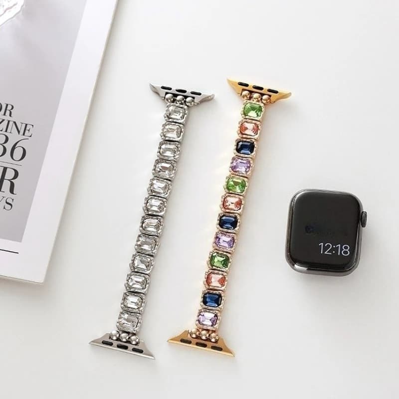 Fascia elastica quadrata con diamanti colorati per cinturino Apple Watch 41mm 45 40 44 42 46 38 49mm Bracciale iWatch Series 11 10 9 8 7 6 5 4