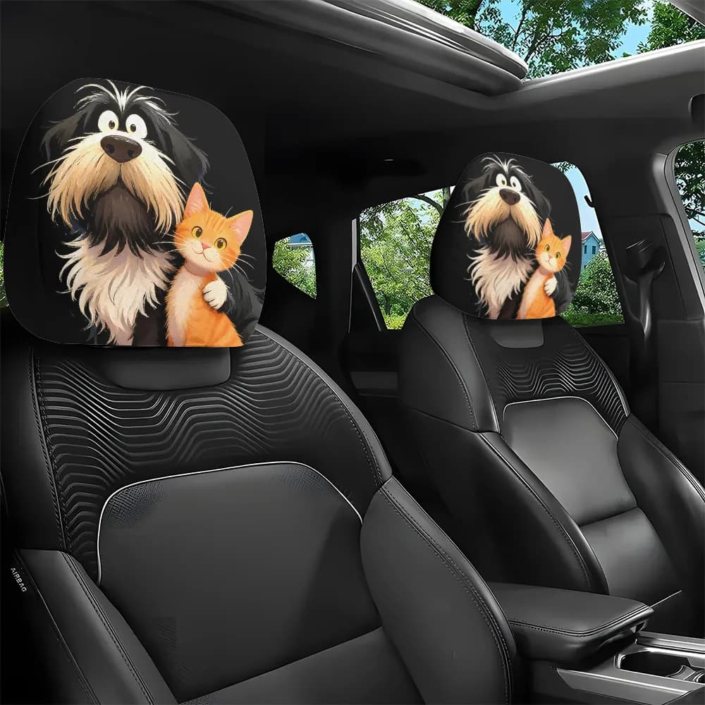 2 copri poggiatesta per auto con stampa di gatti e cani, decorazione per interni auto, facili da installare e lavabili, adatti per l'uso quotidiano.
