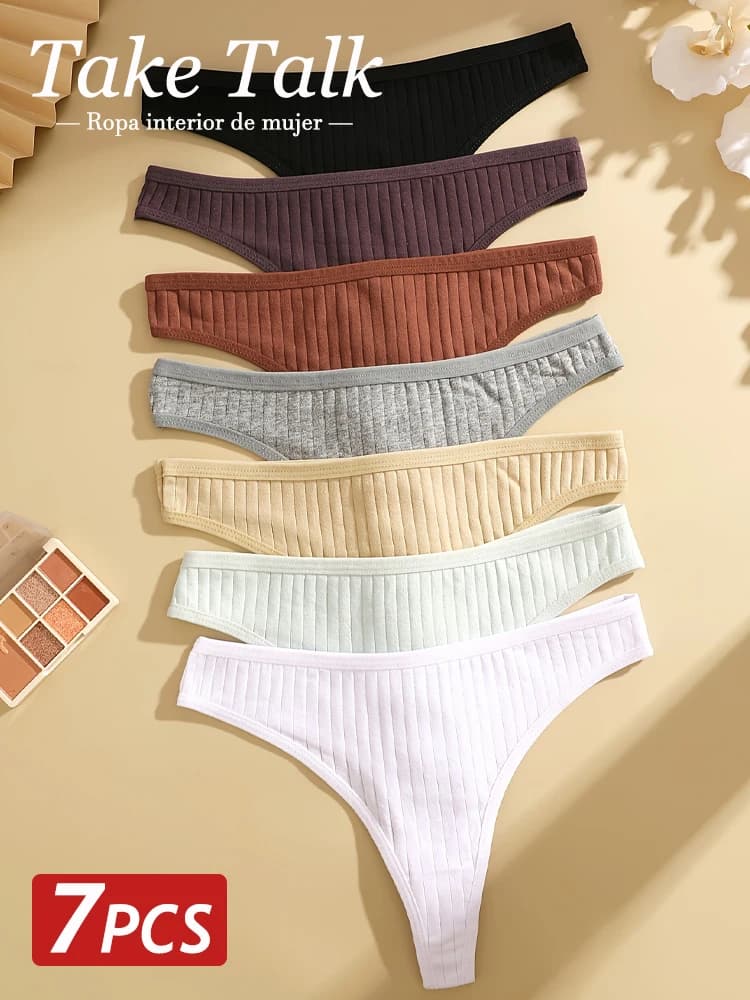 7PCS Women Sexy Cotton G-String Panties Solid Color Ribbed Soft Thongs Female Low Waist Underpants Ladies Sexy Bikini Lingerie