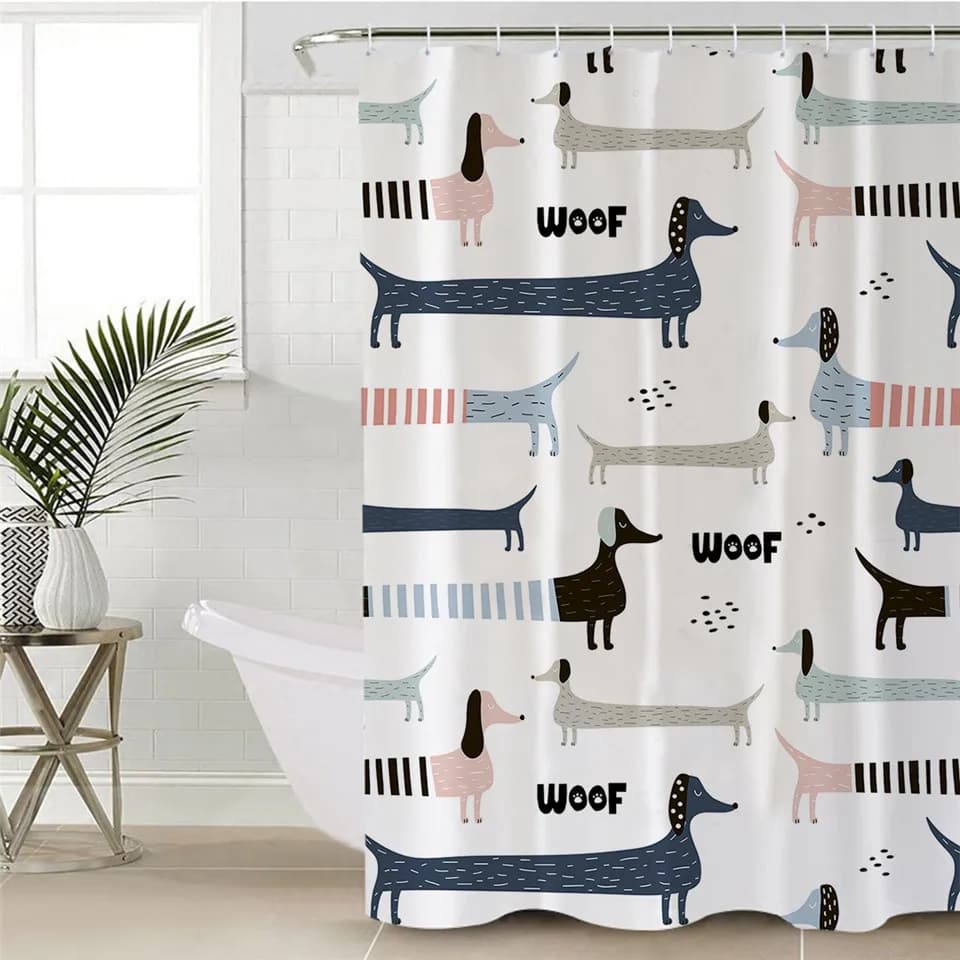 Tenda da doccia per cani da cartone animato bassotto Tenda impermeabile in poliestere Tenda da bagno per bambini a strisce geometriche Decorazioni per la casa con ganci
