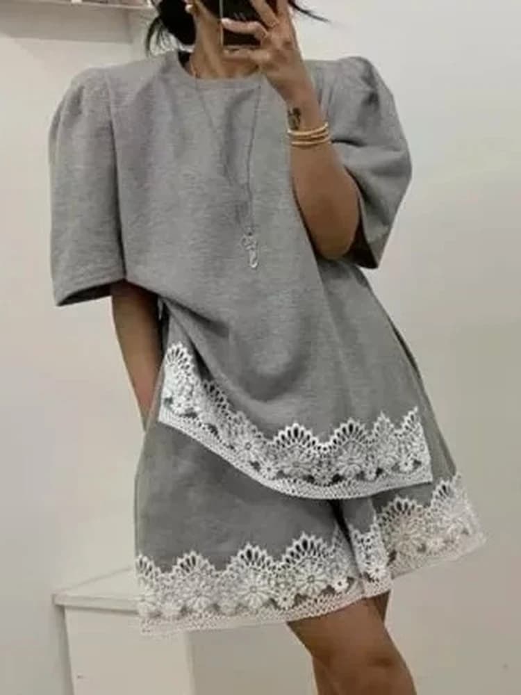 Lace Patchwork Loose Short Sleeve T-Shirt Set Women's Fashion High Waist Slimming Casual Wide Leg Shorts Two Piece Set