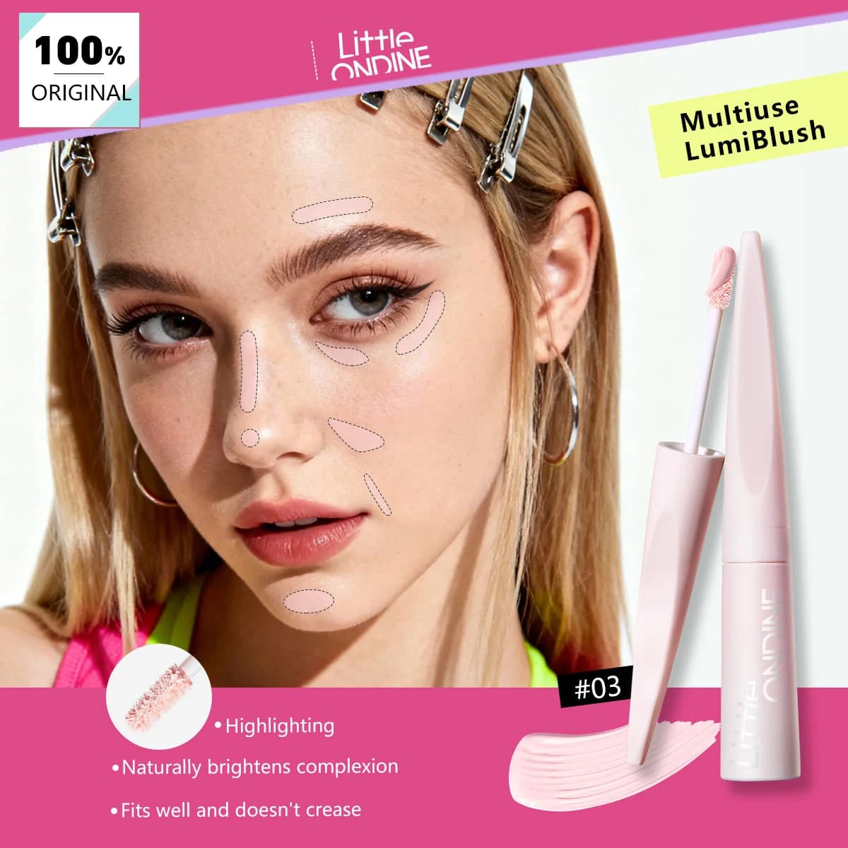 LITTLE ONDINE Multiuse LumiBlush 03 Rosa Ciliegia, Morbido e Facile da Sfumare, Effetto Luminoso Naturale, Luminosità Sottile, per Contouring e Scultura del Viso