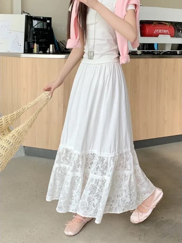 Gonna Midi da Donna con Inserti in Pizzo, Taglie Forti, Ampia e Fluida, Bianca, Versatile, Bellissima, Lunga, Primavera 2026, Moda Taglie Forti