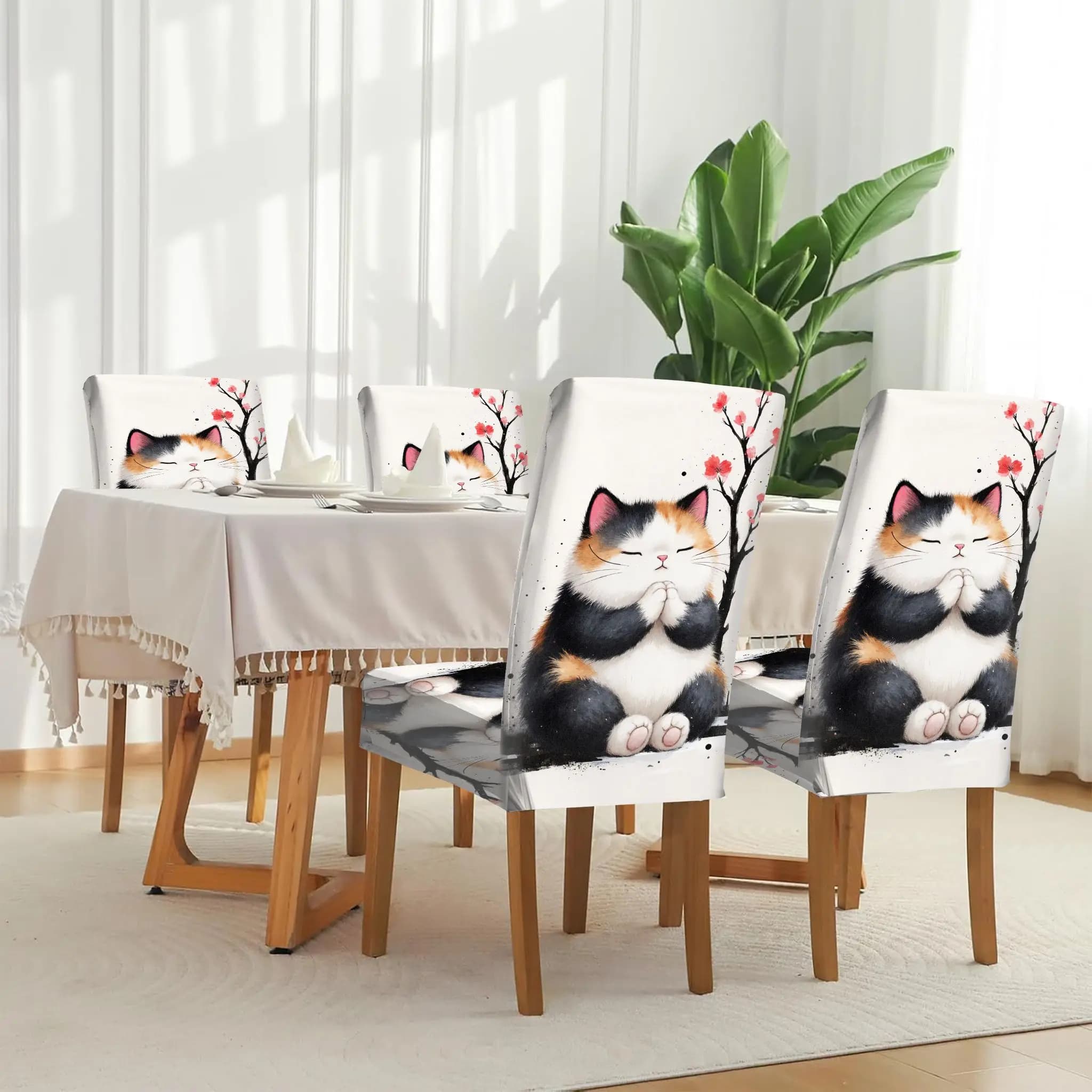 Coprisedia Elasticizzato per Sala da Pranzo, Motivo Gatto Tricolore con Albero di Sakura, Rimovibile, Lavabile, Coprisedia per Casa