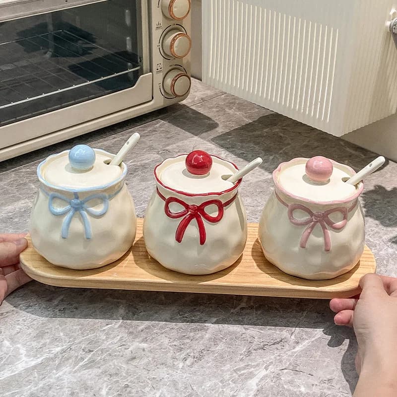 JUSTINLAU Set di Barattoli in Ceramica con Fiocco per Spezie, Sale e Peperoncino - Contenitori per la Conservazione di Spezie per Cucina Domestica
