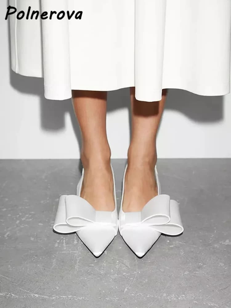 White Butterfly Knot Sandals Kitten Heels Pointy Toe Slingback Solid Kitten Heels Women's Shoes Elegant Summer Party Shoes 2025