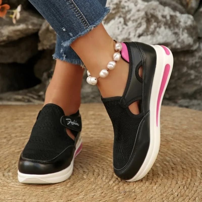 Women's Breathable Mesh Slip-On Wedge Sandals with Fashion Label Casual Comfortable Walking Shoes Summer Outdoor Footwear