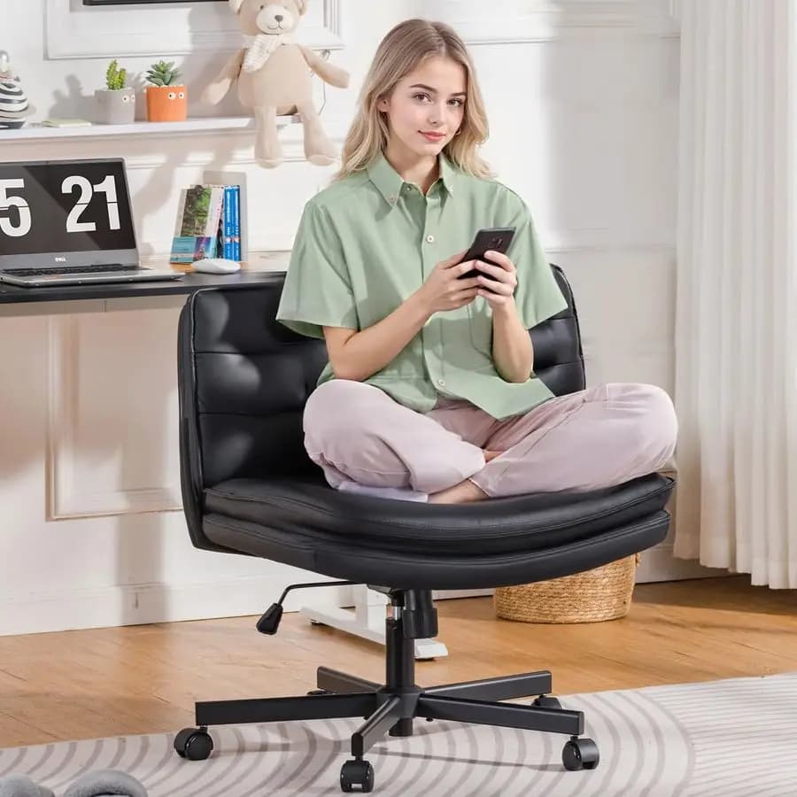 Office chair with crossed legs and wheels, extra wide desk chair without armrests, comfortable for home and bedroom, large seat with 2 layers pillow