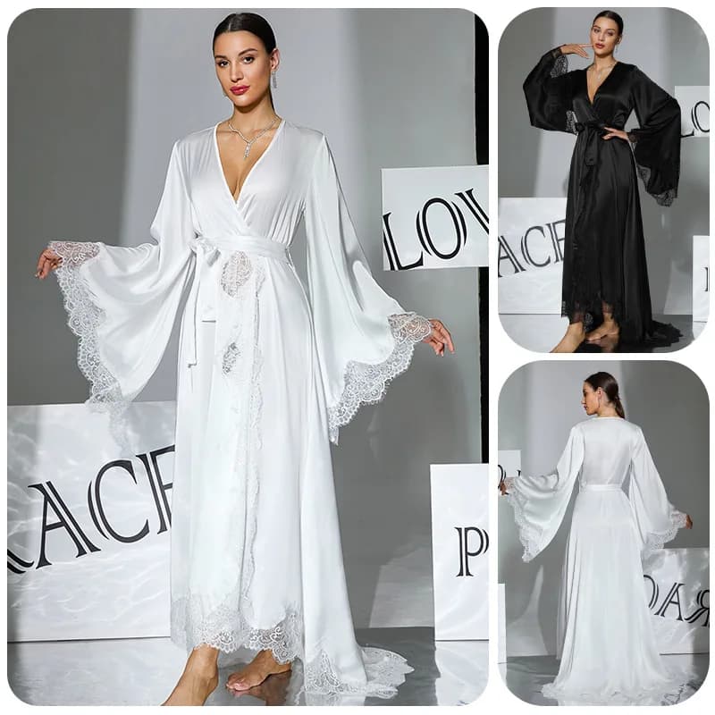 Sexy Lace Trim Kimono Bathrobe Ice Silk Women Flare Sleeve Long Robe Spring Sleepwear Nightwear Loose Homewear Loungewear