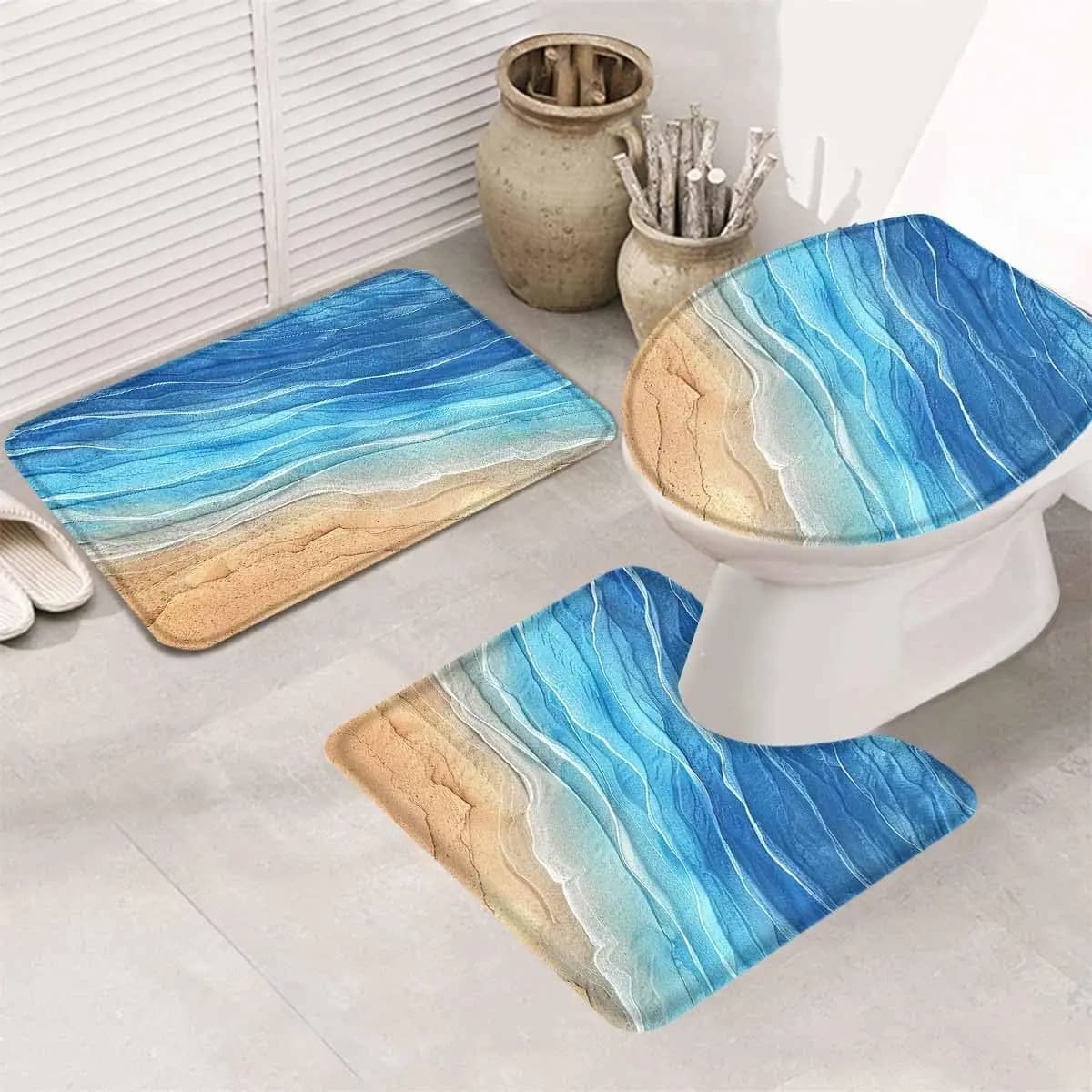 Set di tappetini da bagno da 3 pezzi Ocean Sea Beach Coastal Waves Tappetini da bagno blu sfumato Tappetino morbido per contorno assorbente Copri coperchio per WC