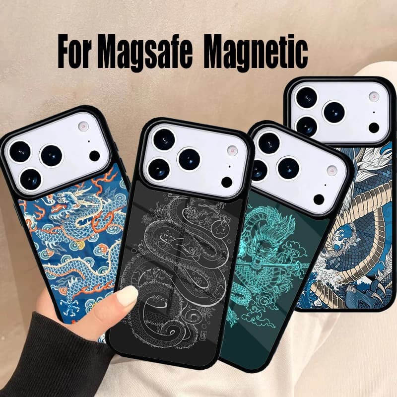 Cover per iPhone con Drago Giapponese per iPhone 17 Air 16e 15 14 13 12 11 Pro Max Plus, Cover Magnetica Wireless Magsafe