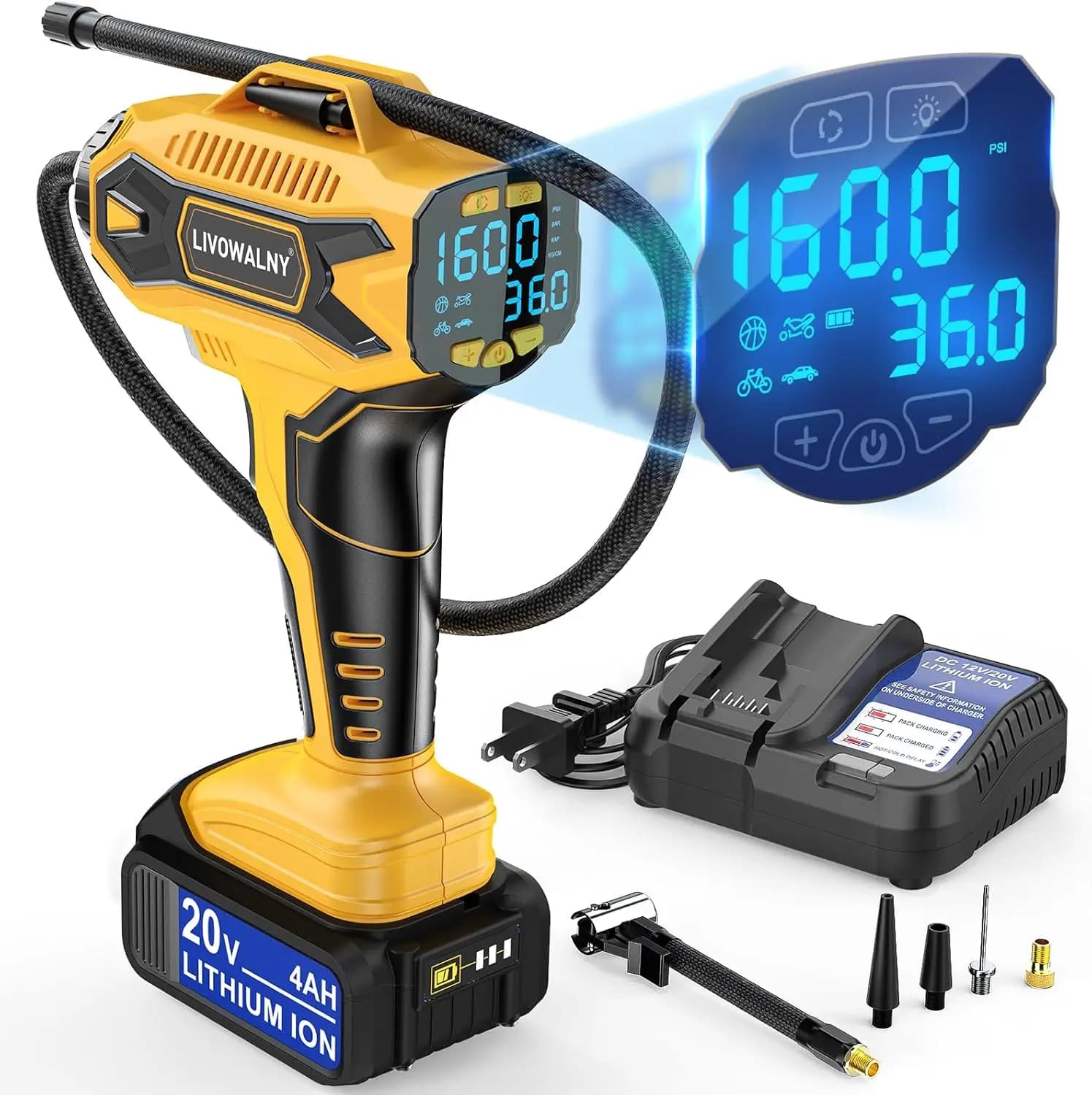 Compressore d'Aria Portatile Senza Fili con Manometro Digitale per Auto, Moto e Biciclette