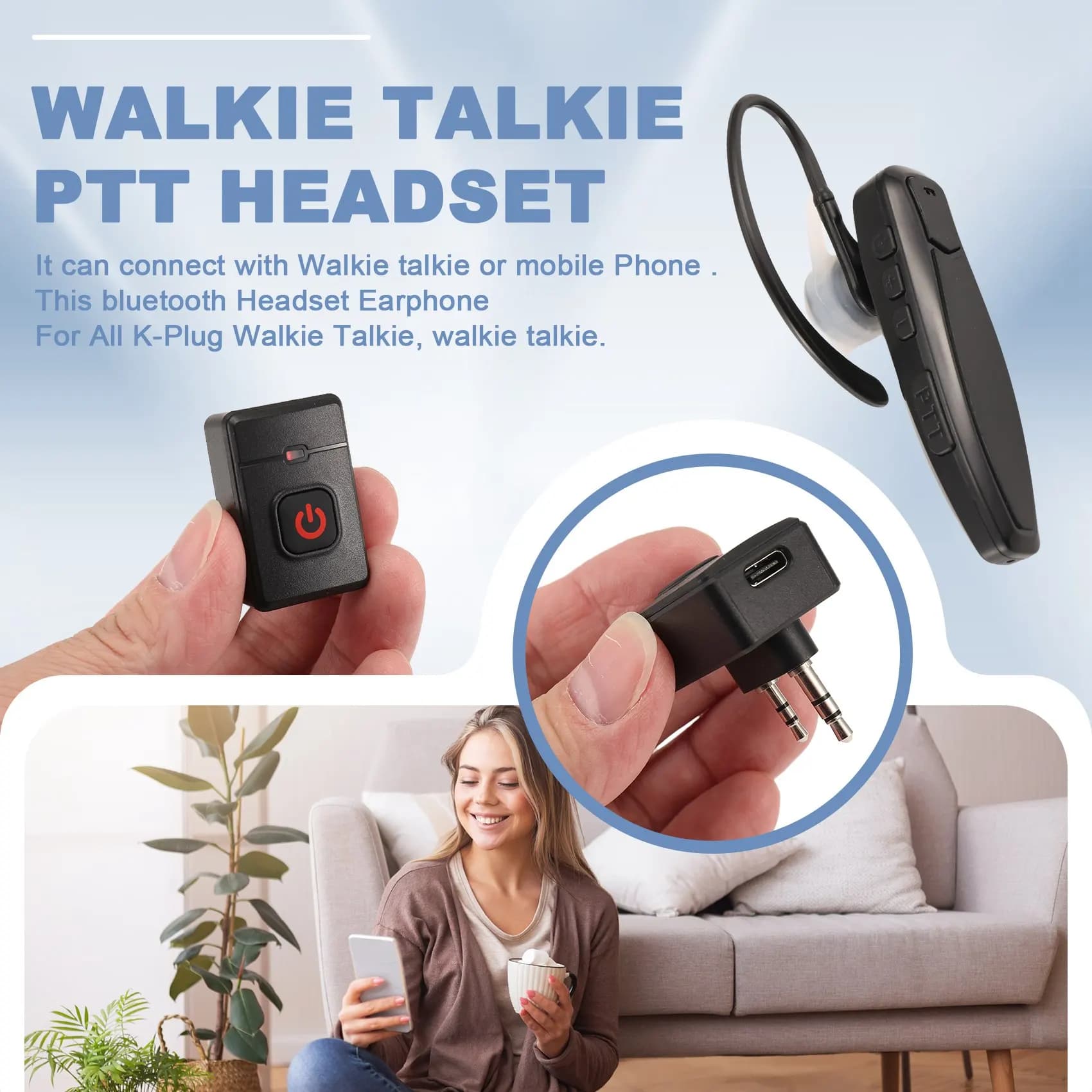 ABGI Walkie Talkie Wireless Bluetooth PTT Headset Earpiece Hands-Free K Plug for Kenwood for Baofeng UV-5R