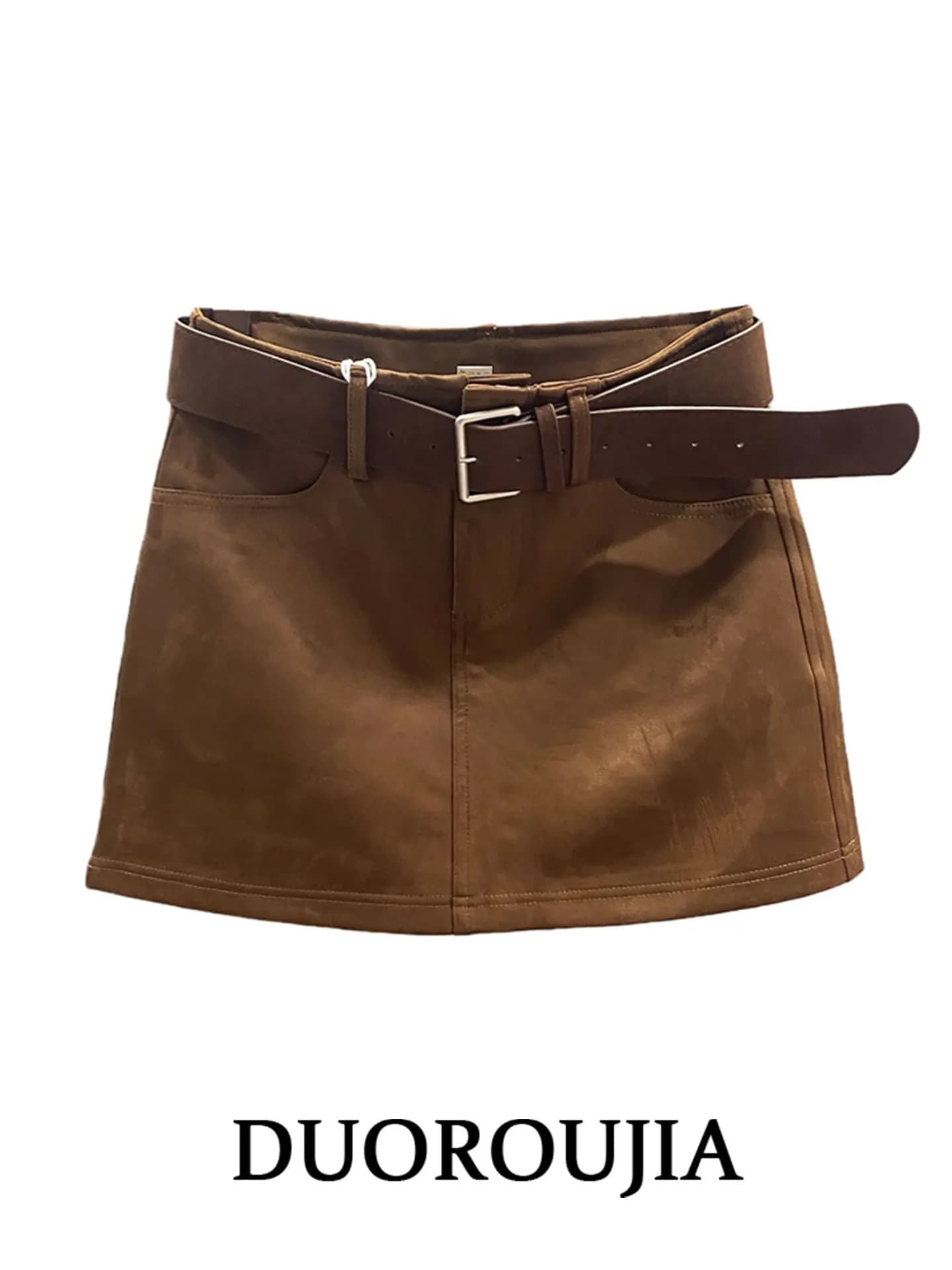 High Waist Short Suede Skirt with Belt Women's plus Size Autumn Winter Slimming A-Line Skirt Commute Style Casual Wear