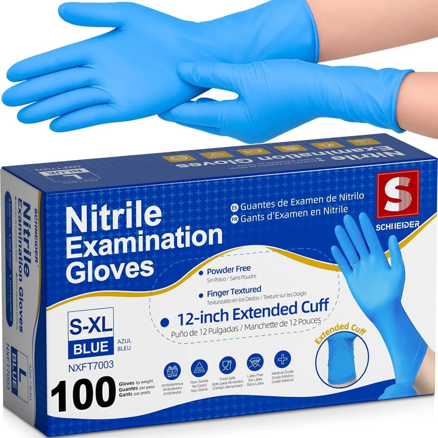 Guanti in Nitrile per Esami, Polsino Esteso 12 Pollici, Taglia Media, 4 mil, 100 Pezzi, Monouso Senza Lattice, Senza Polvere per Uso Medico, Preparazione Alimenti