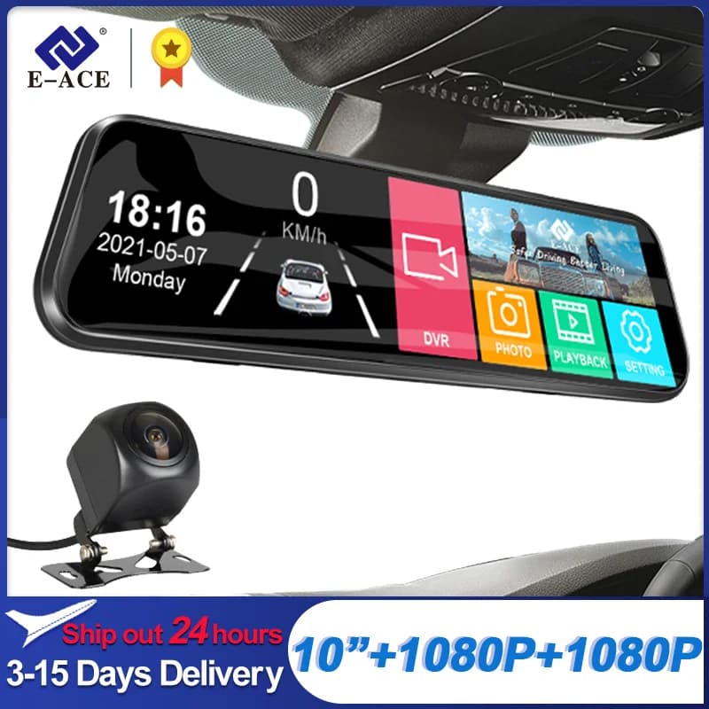 E-ACE 10 inch car DVR mirror video recorder 1080P touch screen Dashcam for car double lens streaming driver Dash Camera